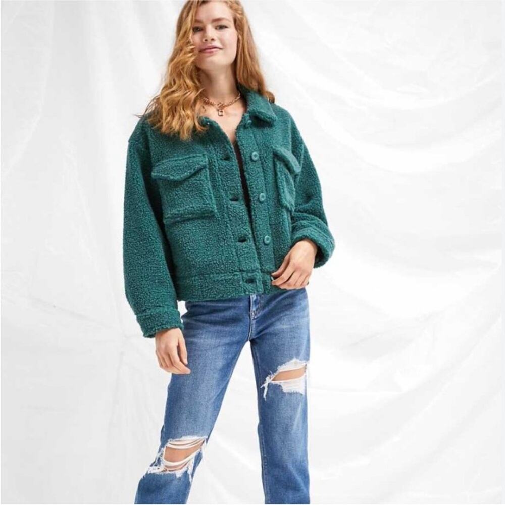 American Eagle Forest Green Cropped Sherpa Shaket Teddy Jacket M